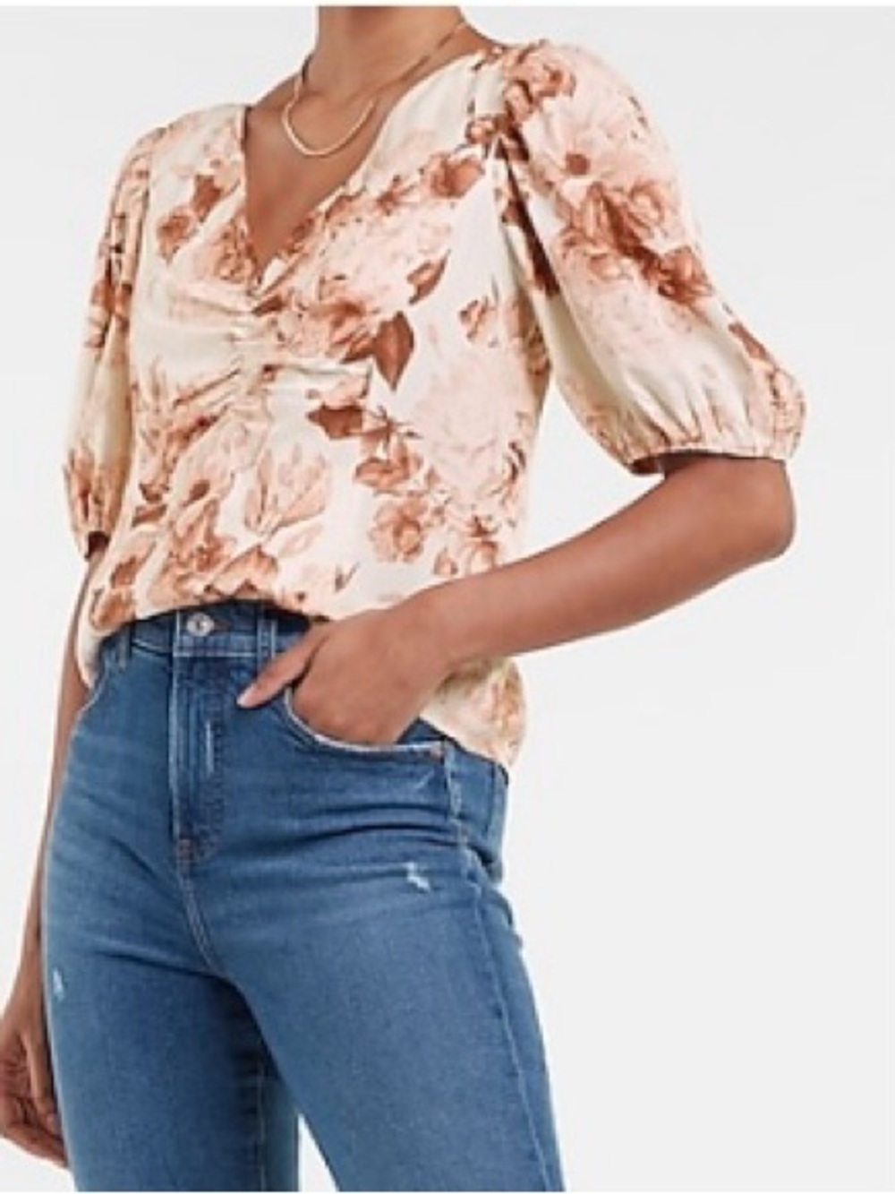 NWT Express Cream and Brown Floral V-Neck Puff Sleeve Blouse